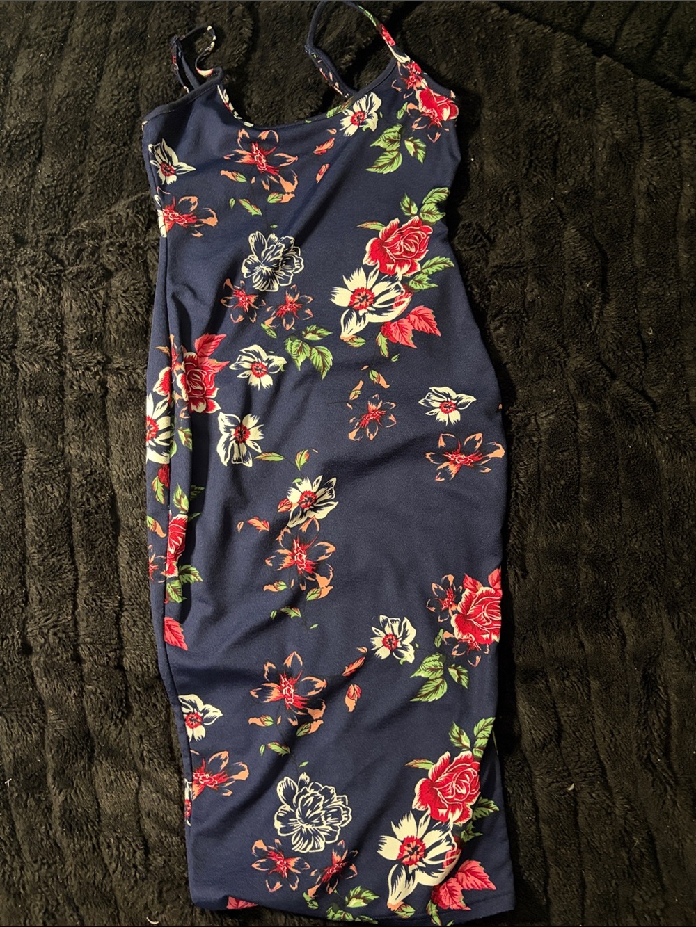 SHEIN Navy Midi Skirt with Red & Cream Floral Print